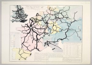 Figurativt og omtrentlig kart over bevegelsen av reisende på de viktigste jernbanene i Europa i 1862, 1865 av Charles Joseph Minard
