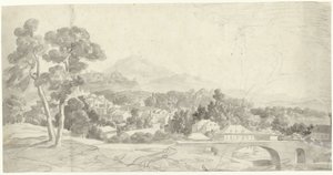 Landskap med en by nær en bro av Charles Joseph Natoire (attributed to)