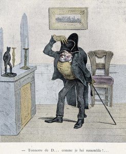 Thunder of D... som jeg ser ut som ham!... Tegneserie av Travies fra 1800-tallet som viser en mann som sammenligner seg med en statuett av Napoleon.
