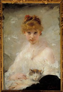 Ung jente med katt-maleri av Charles Chaplin (1825-1891) Compiegne fra 1800-tallet, National Museum of the Castle