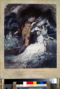 ""La partie de peche"" (Fiskefest) ung borgerlig i søndagsklær som holder fiskestenger. Litografi av Charles Knight (1743-1826) Pushkin-museet, Moskva