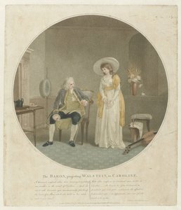 Kvinne med en hvit rose og en mann på en stol Baronen, som frier Walstein, til Caroline (tittel på objekt)