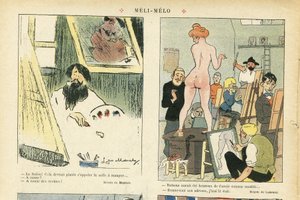 Illustrasjon av Chas-Laborde (1886-1941) i Le Rire, 21/03/08 - Meli-Melo - kunst, undervisning, naken - modell (som poserer)