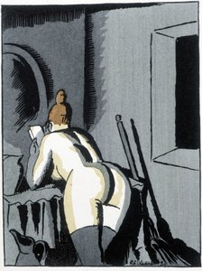 Naken kvinne, rygg, leser - i "" Le negre Leonard"" av Pierre Mac Orlan, ill. de Chas. Laborde (Charles Laborde) (1886-1941), red. av banneret