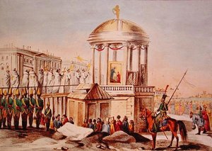 The Blessing of the Waters at St. Petersburg, ca. 1820 (farge litho) av Charles Lasteyrie du Saillant