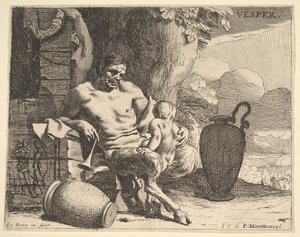 Kveld: en sittende satyr spenner barnet sitt, en figur henger en krans på en brygge bortenfor, f..., ca. 1640. av Charles Le Brun