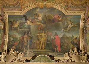 Kong Ludvig XIV (1638-1715) gir ordre om å samtidig angripe fire av de sterkeste nederlandske stillingene i 1672, takmaleri fra Galerie des Glaces av Charles Le Brun