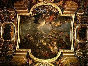 Utsikt over kongen som tok Maastricht i tretten dager i 1673 og passasjen på Rhinen i fiendenes nærvær i 1672, takmaleri fra Galerie des Glaces av Charles Le Brun