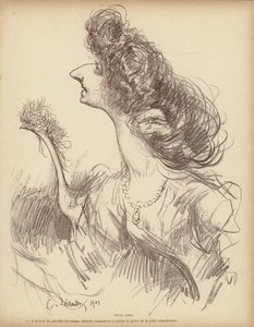 Karikatur av den franske tegneserieskuespillerinnen Cecile Sorel (litho) av Charles Leandre