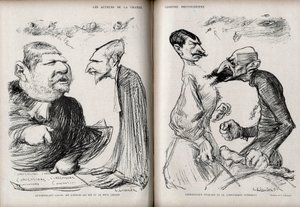 Dreyfus-saken - Skuespillerne i den store dreyfusianske komedien - advokaten Fernand Labori (1860-1917) - advokaten Louis Leblois (1854-1928) - kommandanten Ferdinand Walsin Esterhazy (1847-1923) - generalen Georges Picquart (1854-1914) ) - Karikatur av Ch av Charles Leandre