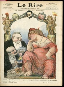 Illustrasjon av Charles Leandre (1862-1934) for omslaget til Le Rire, 03/01/14 - Les strennes de Marianne - Tribun - Clemenceau George, Jaures Jean, Briand Aristide, Marianne, Caillaux Joseph (1863-1944) av Charles Leandre