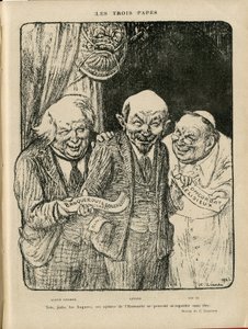 Illustrasjon av Charles Leandre (1862-1934) i Le Rire, 03/06/22 - The Three Popes - England Storbritannia, U.S.R., Verifikatordatoer, Reichstag - Lenine, Lloyd George, Pius XI av Charles Leandre