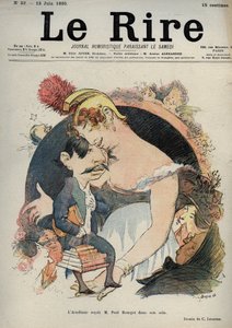 Paul Bourget (1852-1935) Fransk forfatter - L'academie (fransk) mottar Paul Bourget i sin barm - karikatur av Charles Leandre (1862-1934) i "" Le Rire"" av 15. juni av Charles Leandre