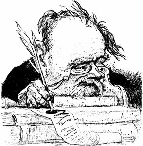 Portrettlast av Emile Zola skrevet av, bilde i Le Rire av Charles Leandre