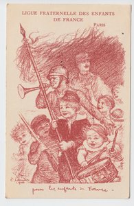Postkort, satirisk i farger: Fraternal League of the Children of France - War of 14 -18, Childhood, Patriotic Days Illustrasjon av Charles Leandre (1862-1934) av Charles Leandre