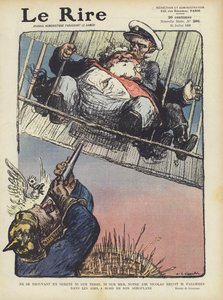 Satire som viser den franske presidenten Armand Fallieres som flyr i et fly med tsar Nicholas?