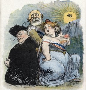 Separasjon fra kirke og stat: "" den franske politikeren Jean-Bienvenu Martin (Bienvenu-Martin) (1847-1943), minister for offentlig undervisning, kunst og tilbedelse, som desperat søker å skille kirken som en prest i Frankrike (fransk separasjon av chu av Charles Leandre