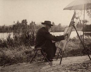Maleren Lhermitte Léon (1844-1925), mens han jobbet på Marne-sidebredden, ikke langt unna eiendommen hans, ca. 1914-1915, Frankrike av Charles Lhermitte