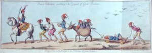 Franske frivillige som marsjerer til erobringen av Storbritannia, etset av James Gillray (1757-1815) utgitt av Hannah Humphrey i 1803 (håndfarget etsning)