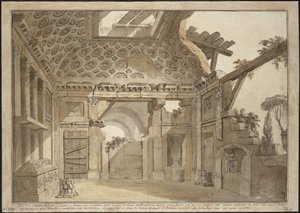 Design for maleriene i cellen til far Lesueur i klosteret Santissima Trinita dei Monti i Roma - Charles Louis Clerisseau (1722-1820). Penn, pensel, grått og brunt blekk, hvit farge på papir, ca 1760. Mål: 36,9x53 cm. State Hermitage, av Charles Louis Clerisseau