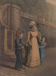 Gutt med en ape på skulderen mottar mynter fra en mor og datter, 1803-40. av Charles Louis Constans