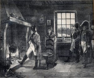Keiser Napoleon I varmer seg ved en vedild i et snølandskap - Napoleon etter slaget ved Waterloo i 1814 - gravering etter maleriet av Charles Louis (Charles-Louis) Kratke (1848-1921) av Charles Louis Kratke