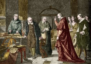 Fangenskap av Galileo Galilei dit Galilee, italiensk astronom (1564-1642), gravering etter Charles Mullers maleri av Charles Louis Lucien (after) Muller