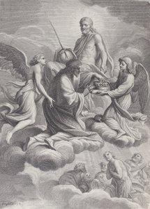 Saint Louis av Frankrike mottatt til himmelen av Kristus og to engler som tilbyr ham c..., 1671-80.