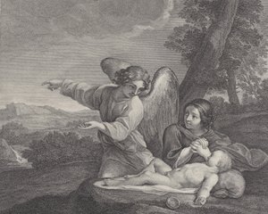 Engelen som viser seg for Hagar i ødemarken mens hun folder hendene ved siden av søvnen..., 1700-28.