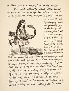 Alice holder strutsen sin, illustrasjon fra Alices Adventures Under Ground, pub. 1886 (faksimile) av Charles Lutwidge Dodgson