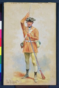 Uniformer of the American Revolution: 1777 Private Field Dress fra 1st Georgia Continental Infantry (gouache og wc på papir) av Charles MacKubin Lefferts