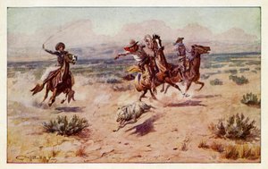Cowboyer som jager en prærieulv av Charles Marion Russell