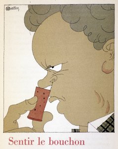 Å føle korken - i ""Monseigneur le vin"", tegning av Charles Martin (1884-1934), Etablissements Nicolas-heftet av Charles Martin