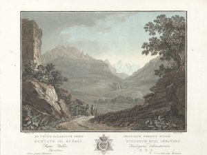Berglandschap i Sveits Utsikt over Oberhashi-dalen (tittel på objekt) Bemerkelsesverdig utsikt over fjellene i Sveits (serietittel) av Charles Melchior Descourtis