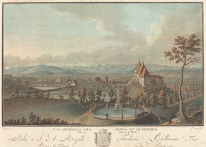 Generell utsikt over Alpene og isbreene. av Charles Melchior Descourtis