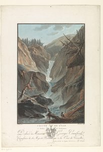 Waterval van de rivier de Aare Fall of the Aare over Gutdannen (tittel på objekt) Bemerkelsesverdig utsikt over fjellene i Sveits (serietittel) av Charles Melchior Descourtis