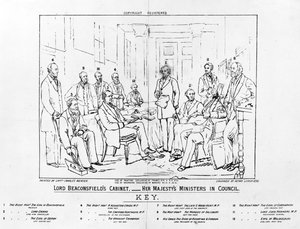 Lord Beaconsfields kabinett 1874 - Hennes Majestets ministere i råd, trykk laget av Henry Lemon, 1880 (gravering)