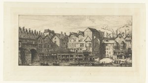 Bakfasader av buntmakerhus på Seinen nær Pont-au-Change i Paris En del av Paris slutten av det syttende århundre Partie de la cité vers la Fin du XVIIe siècle av Charles Meryon