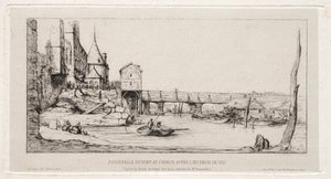 Gangbro midlertidig erstatter Exchange Bridge, Paris, etter brannen i 1621 av Charles Meryon