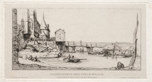 Gangbro midlertidig erstatter Exchange Bridge, Paris, etter brannen i 1621, 1860. av Charles Meryon