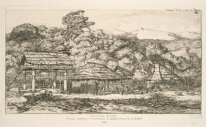 Innfødte kornmagasiner og boliger på Akaroa, Banks Peninsula, illustrasjon fra 