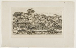 Innfødte låver og hytter på Akaroa, Banks#39; halvøy, 1845 av Charles Meryon