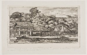 Innfødte låver og hytter på Akaroa, Banks#39; halvøy, 1845 av Charles Meryon