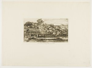 Innfødte låver og hytter på Akaroa, Banks#39; halvøy, 1845 av Charles Meryon