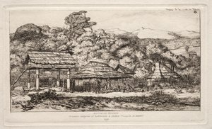Innfødte låver og hytter på Akaroa, Banks Peninsula, 1845, 1865. av Charles Meryon