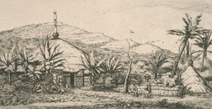 Ny-Caledonia, Ny-Caledonia: stor innfødt hytte på gangveien til Poepo, illustrasjon fra "Etching of the Pacific...", 1863 av Charles Meryon