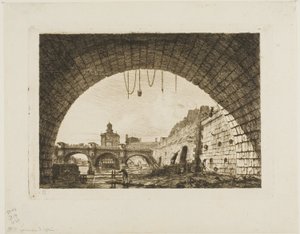 Pont-Neuf og Samaritaine sett fra under den første buen til Pont-au-Change, Paris av Charles Meryon