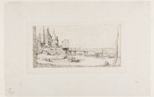 Gangbroen som midlertidig erstatter Pont-au-Change, Paris, etter brannen i 1621 av Charles Meryon