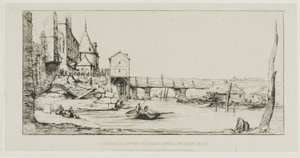Gangbroen som midlertidig erstatter Pont-au-Change, Paris, etter brannen i 1621 av Charles Meryon