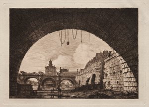 Den nye broen og Samaritaine sett fra under First Arch of Exchange Bridge, Paris av Charles Meryon